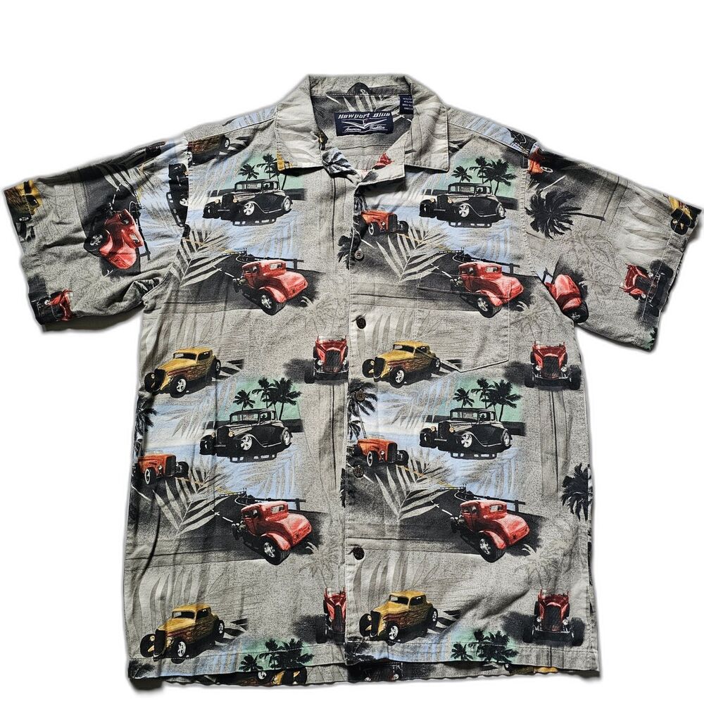 Newport Blue Hawaiian Shirt Classic Car Hot Rod Button Up Short Men's Size Large